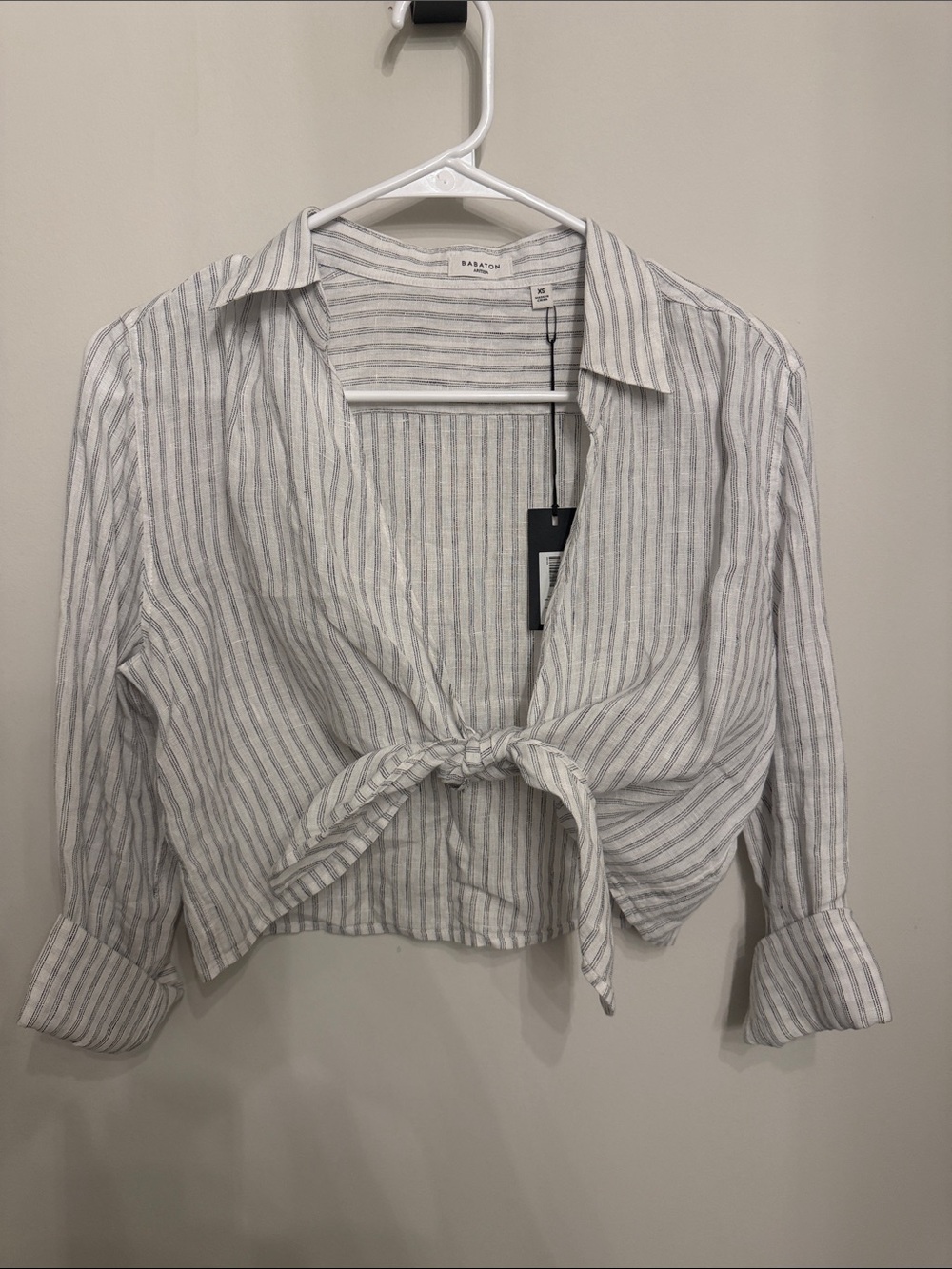 Babaton Light Gray & White Striped Linen Tie-Front Button-Down Shirt